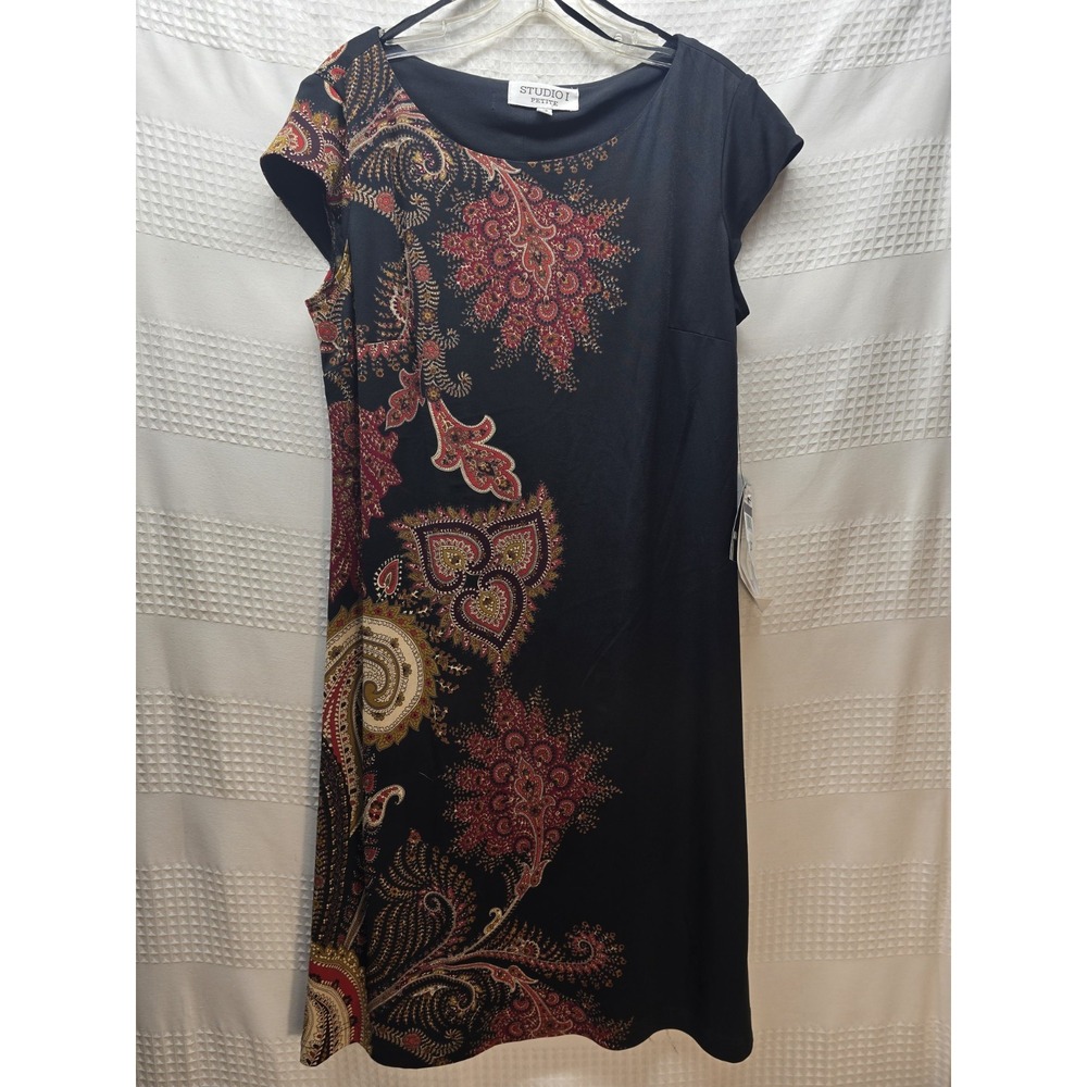 Studio 1 Petite Dress Black Floral A-Line Short Sleeve 12P 044102